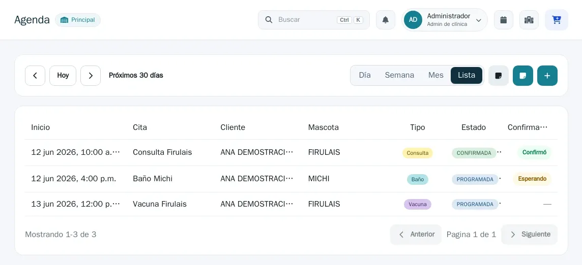Vista de Lista de la agenda: la tabla de citas con la columna Confirmación mostrando los estados "Confirmó", "Esperando" y "—".
