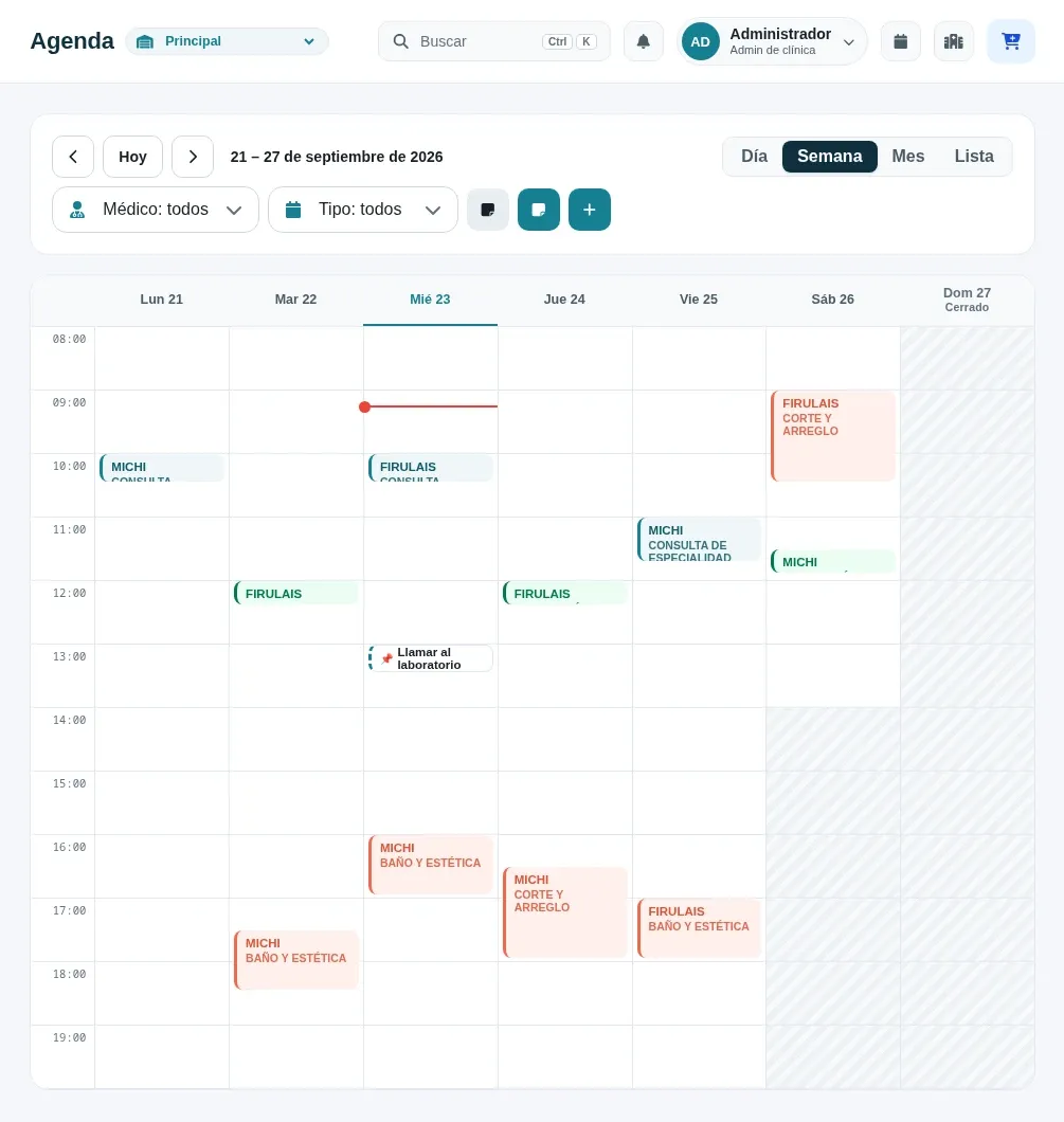 Vista de Semana de la agenda: la rejilla de horarios con las citas de la semana, un recordatorio del equipo marcado con 📌, la línea roja de la hora actual, la tarde del sábado sombreada y el domingo Cerrado.