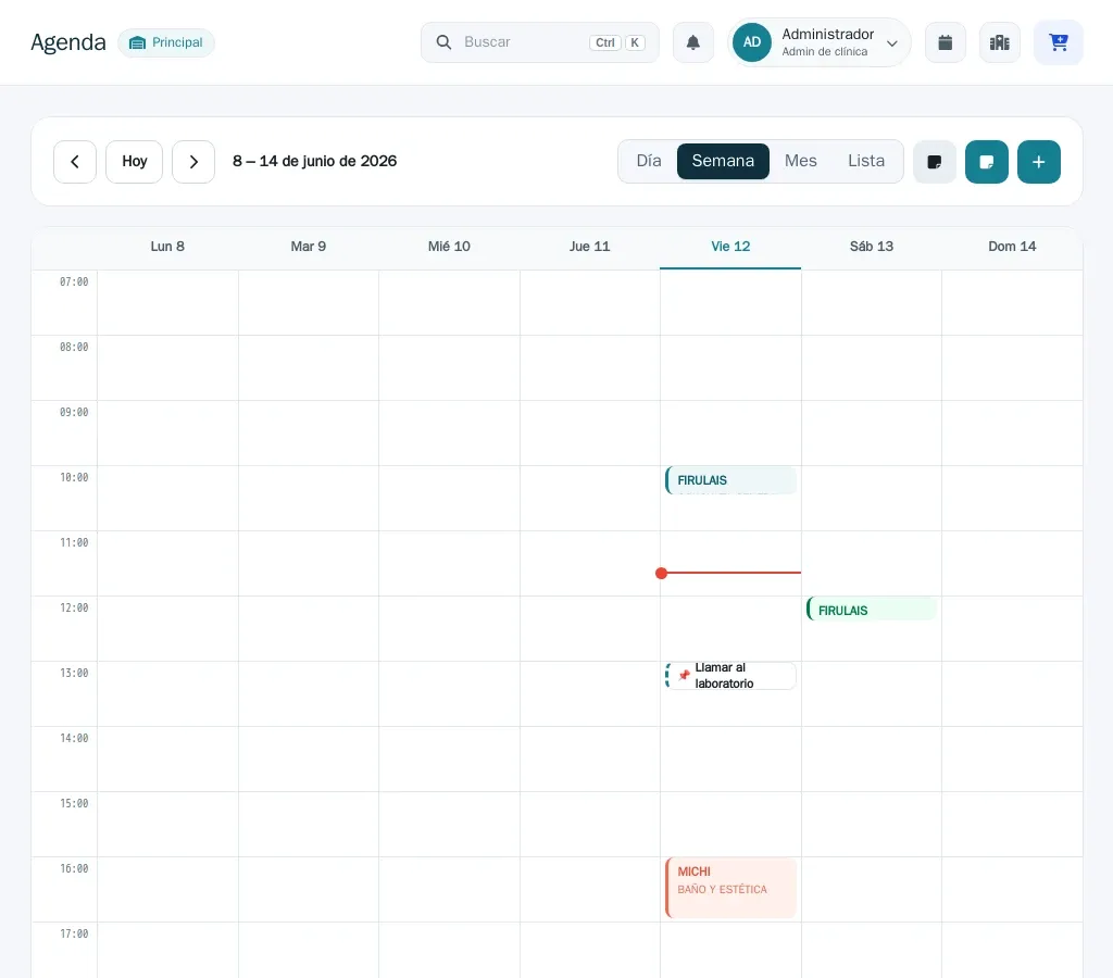 Vista de Semana de la agenda: la rejilla de horarios con las citas de la semana, un recordatorio del equipo marcado con 📌 y la línea roja de la hora actual.