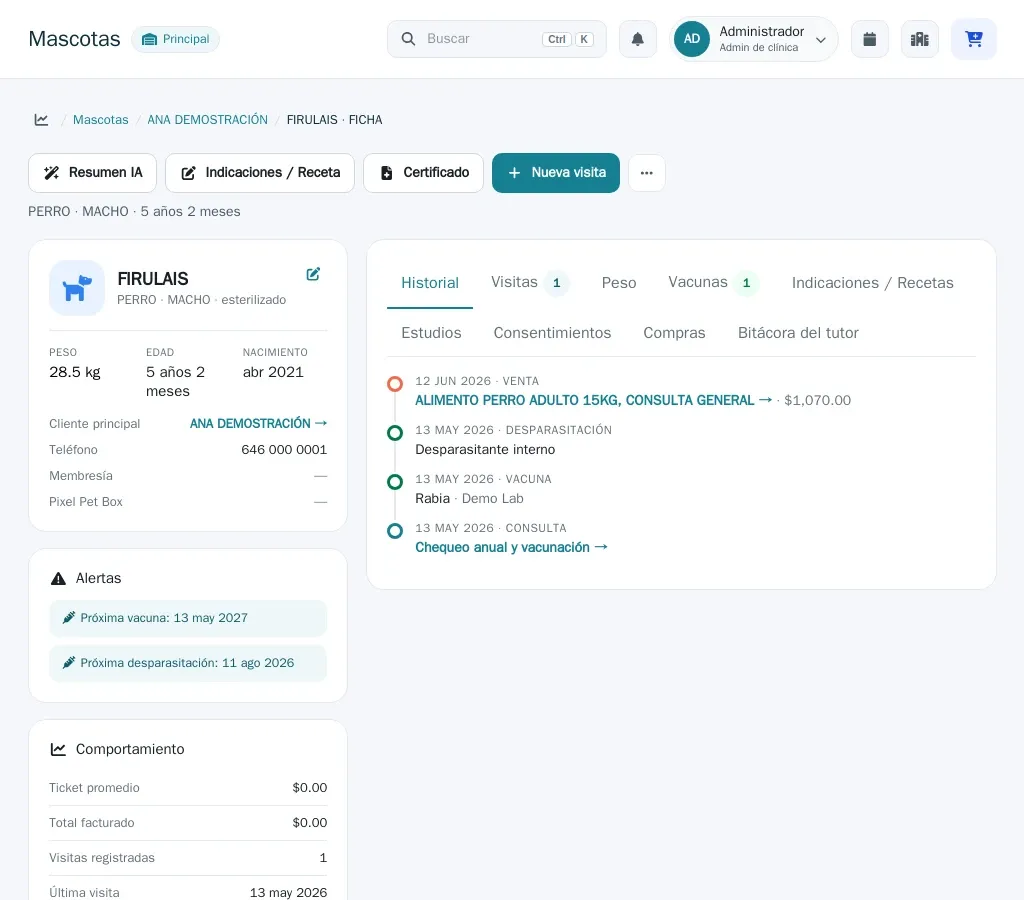 Ficha de una mascota: la tarjeta del paciente con sus alertas a la izquierda, las pestañas del expediente (Historial, Visitas, Peso, Vacunas…) al centro y los botones Resumen IA, Indicaciones / Receta, Certificado y Nueva visita arriba.