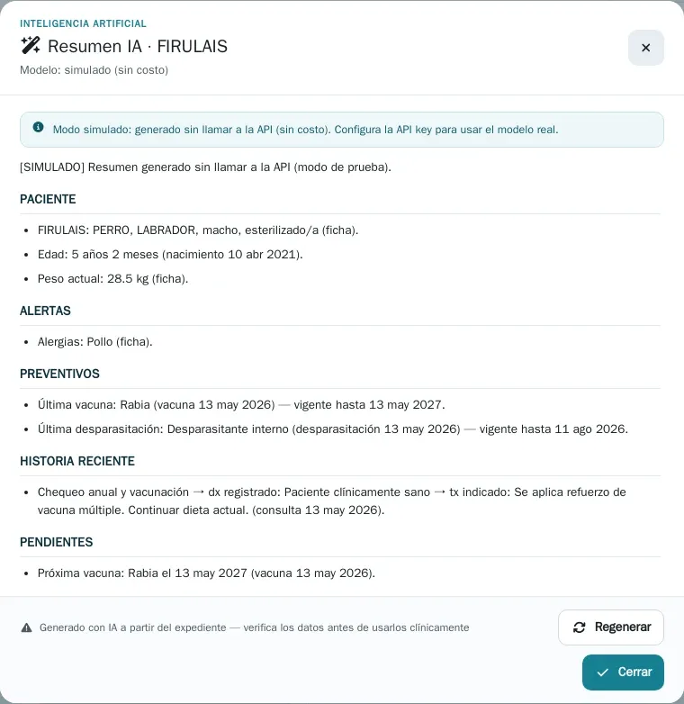 Panel del Resumen IA con las secciones Paciente, Alertas, Preventivos, Historia reciente y Pendientes, y la leyenda fija de verificar los datos contra el expediente. En la imagen, generado en modo simulado (sin API key).