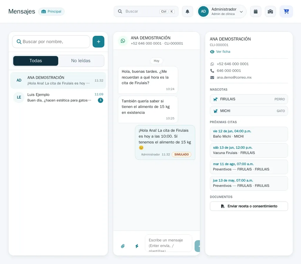 Bandeja de Mensajes: a la izquierda la lista de conversaciones (una con globo de no leídos), al centro el hilo abierto con una respuesta marcada "simulado", y a la derecha el contexto del cliente con sus mascotas y próximas citas.