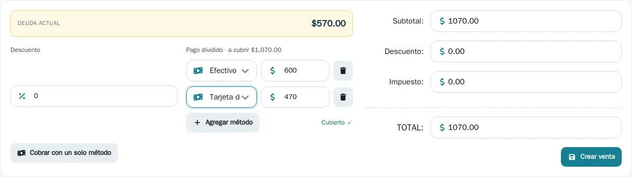 Panel de cobro del POS con el pago dividido activo: una línea en Efectivo por $600 y otra con tarjeta por $470, el botón Agregar método y la marca "Cubierto ✓" cuando las líneas suman el total.