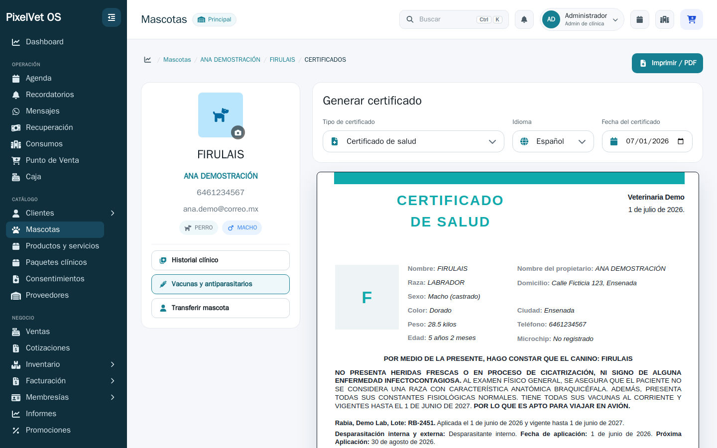 Generador de certificados de salud con vista previa en tiempo real.