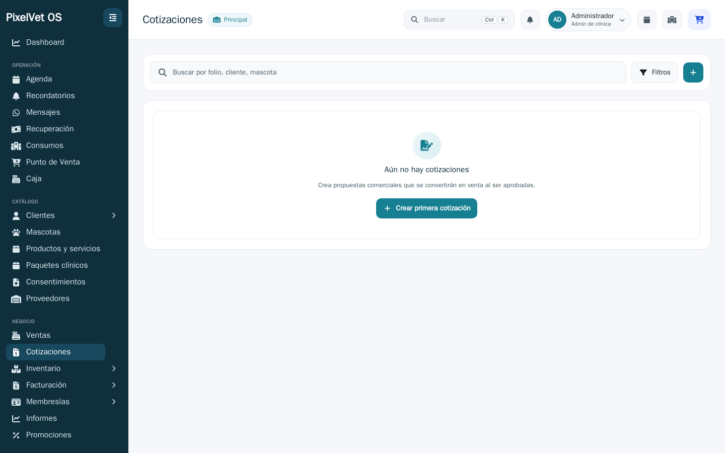 Lista de cotizaciones de PixelVet OS con su folio COT-, cliente, total y estado.