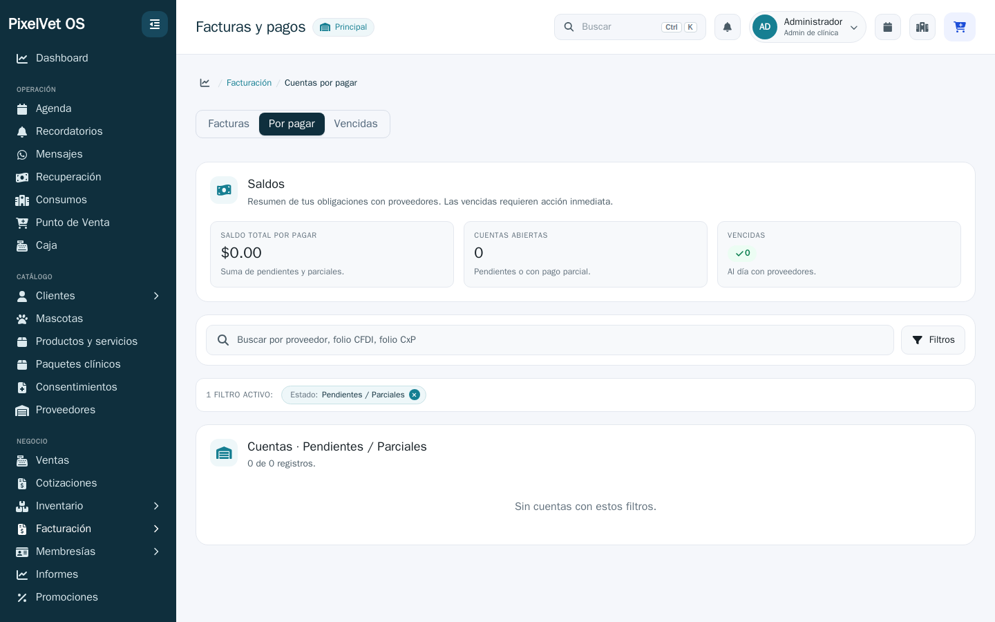 Listado de cuentas por pagar con saldos y estados.