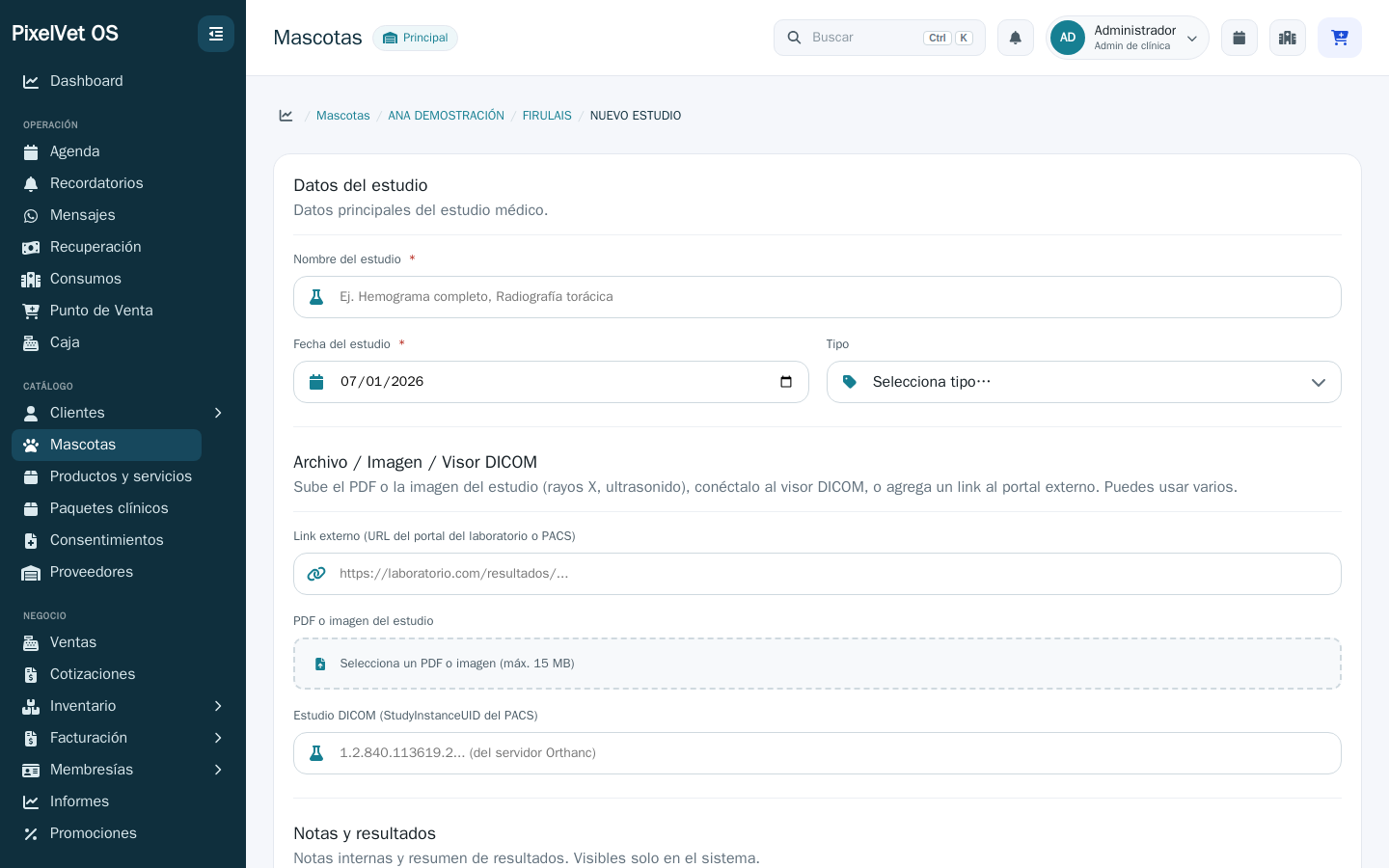 Formulario para registrar un estudio: archivo o imagen y el campo del visor DICOM.