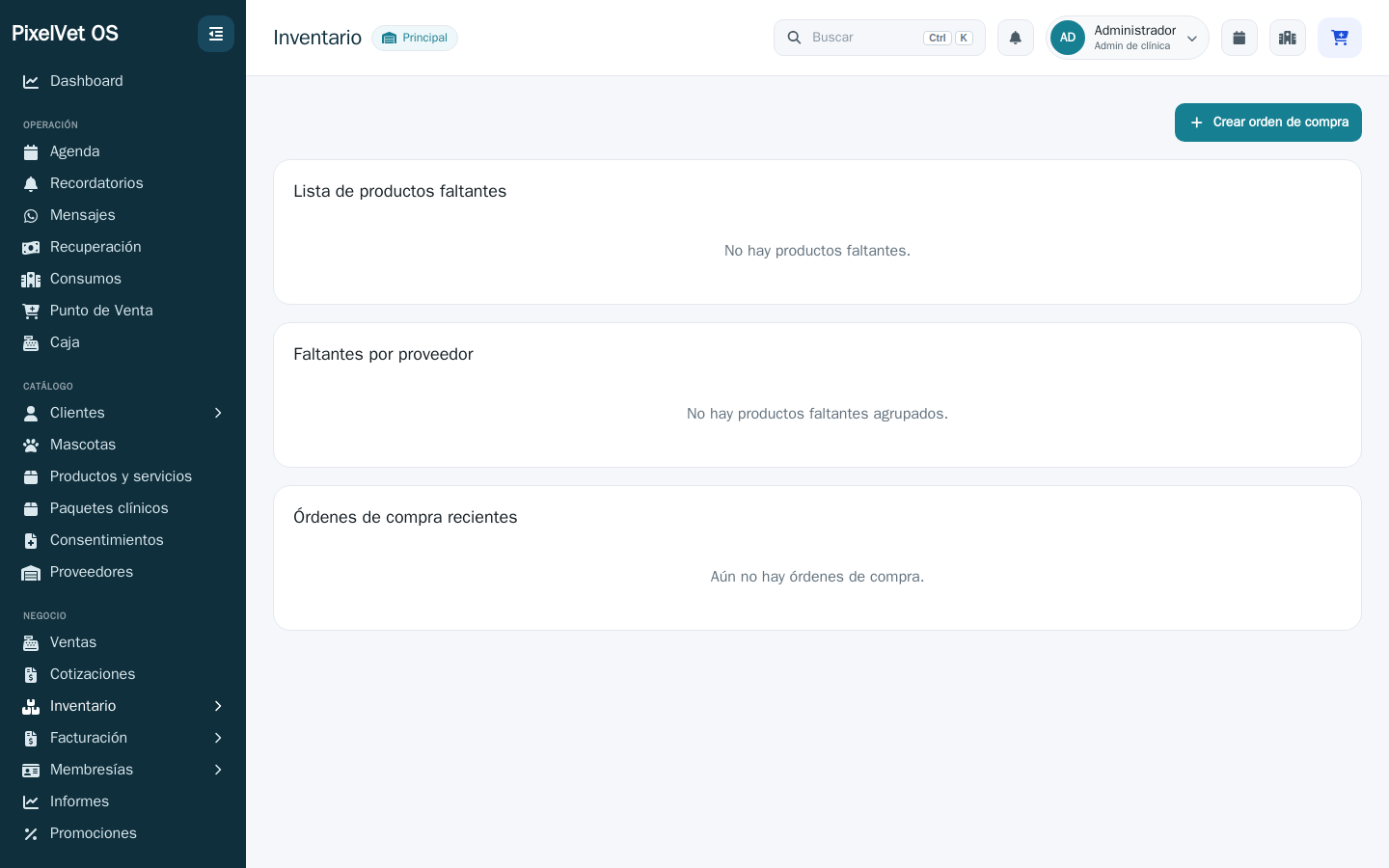 Pantalla de productos faltantes de PixelVet OS, con la existencia actual, el mínimo y la sugerencia de pedido.