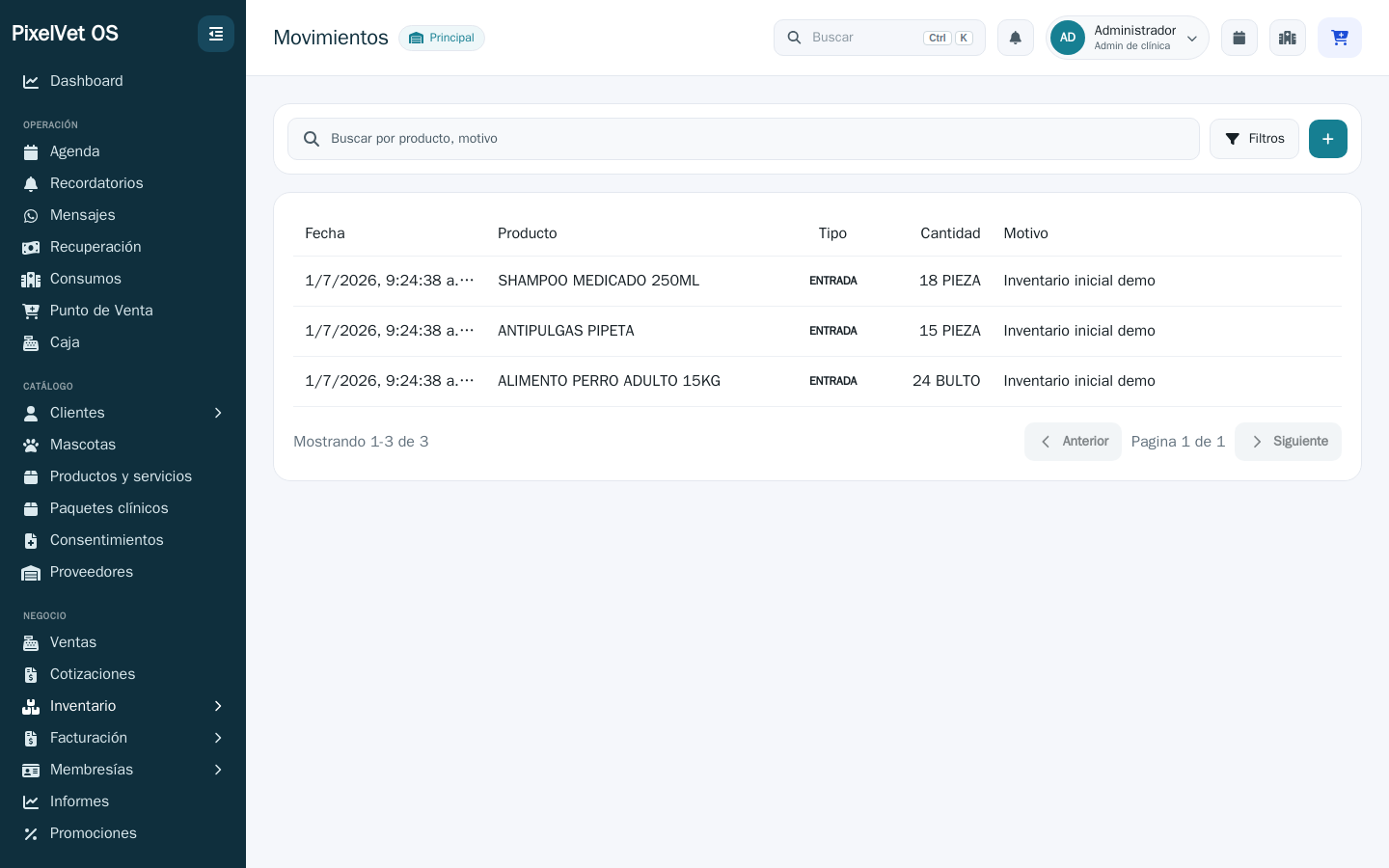 Movimientos de inventario de PixelVet OS: entradas, salidas y ajustes con su fecha y referencia.