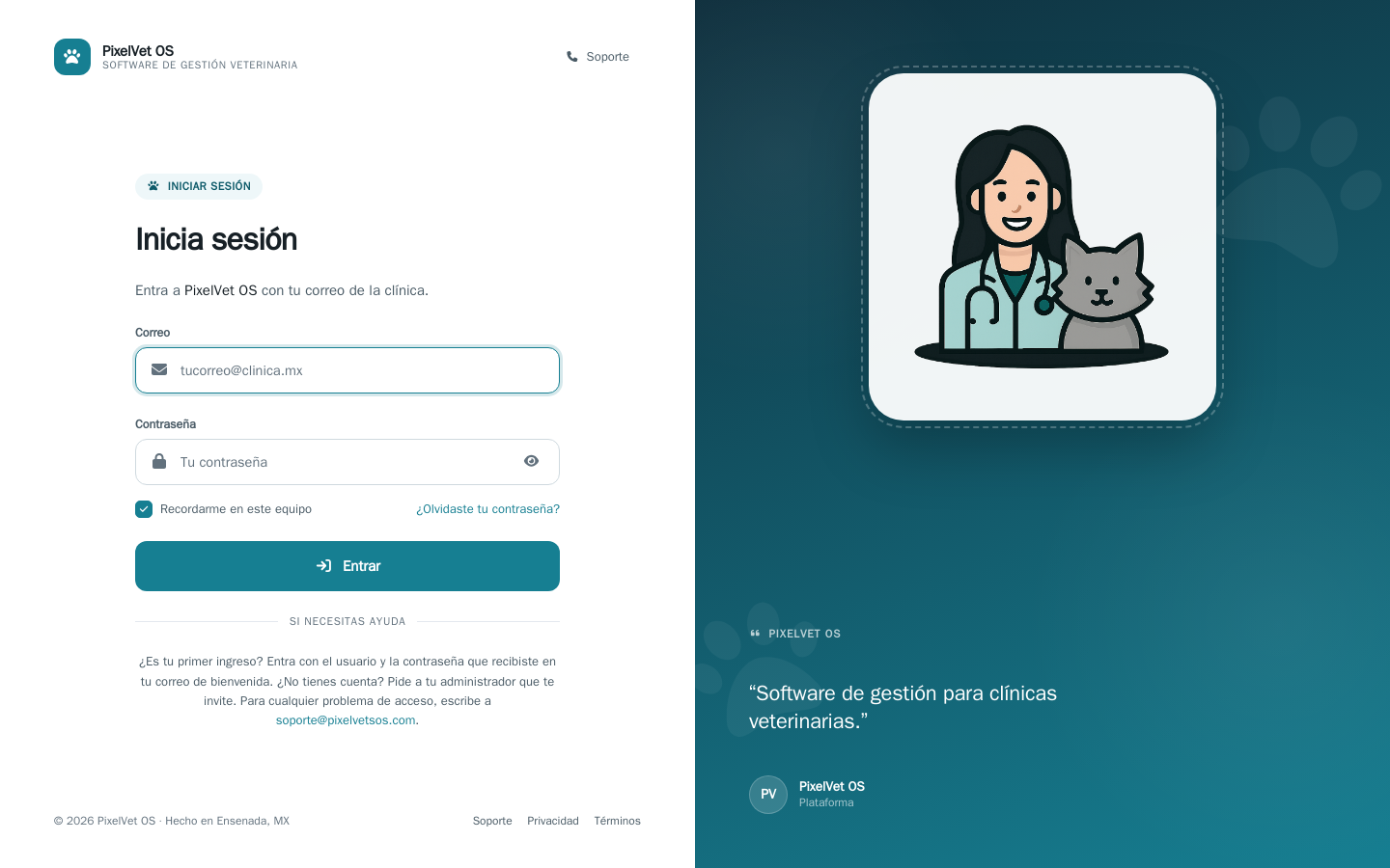 Pantalla de inicio de sesión de PixelVet OS con los campos de correo y contraseña, la opción "Recordarme en este equipo" y el enlace "¿Olvidaste tu contraseña?".