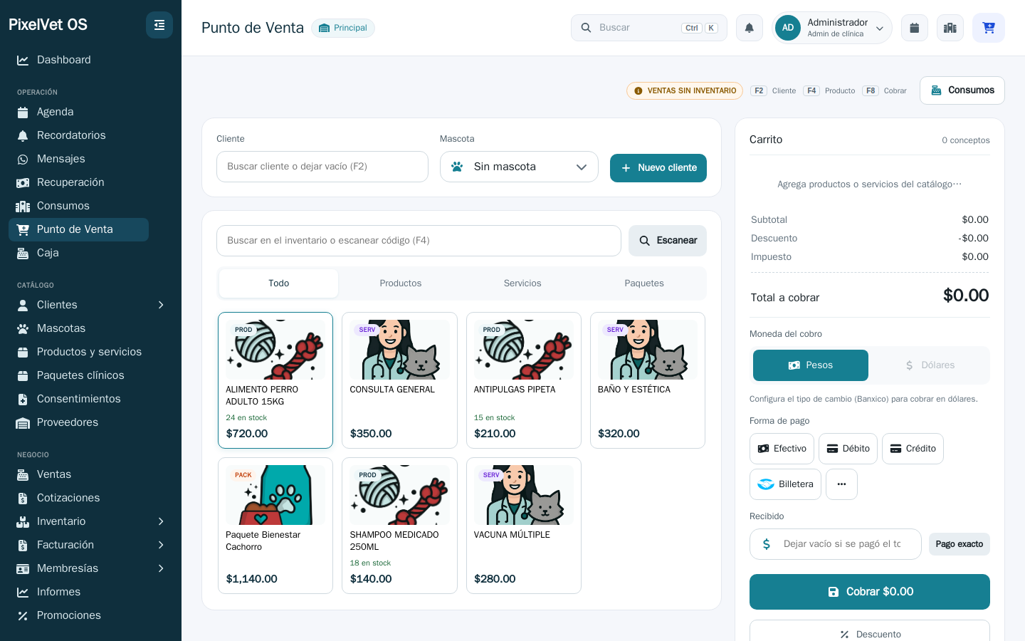 Pantalla del Punto de Venta de PixelVet OS: buscador de cliente y mascota, buscador de productos/servicios, y el panel de cobro con descuento, forma de pago y total.