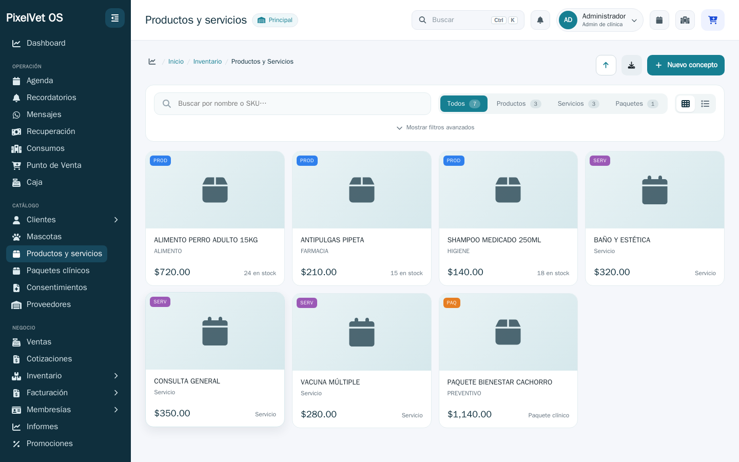 Catálogo de Productos y servicios de PixelVet OS con nombre, categoría, precio y existencia de cada artículo.