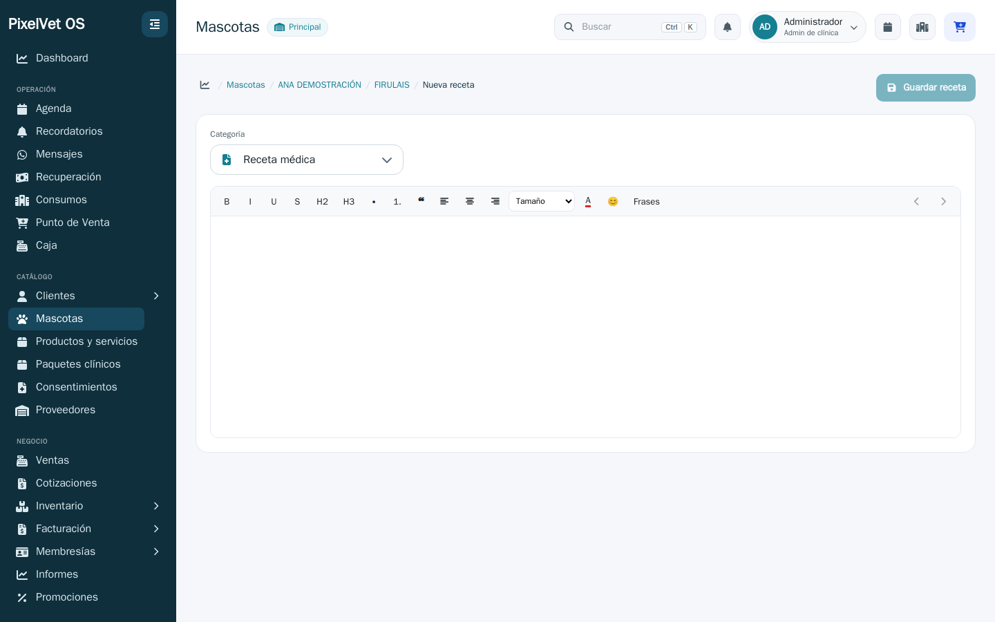 Editor para redactar una receta o indicaciones para la mascota.