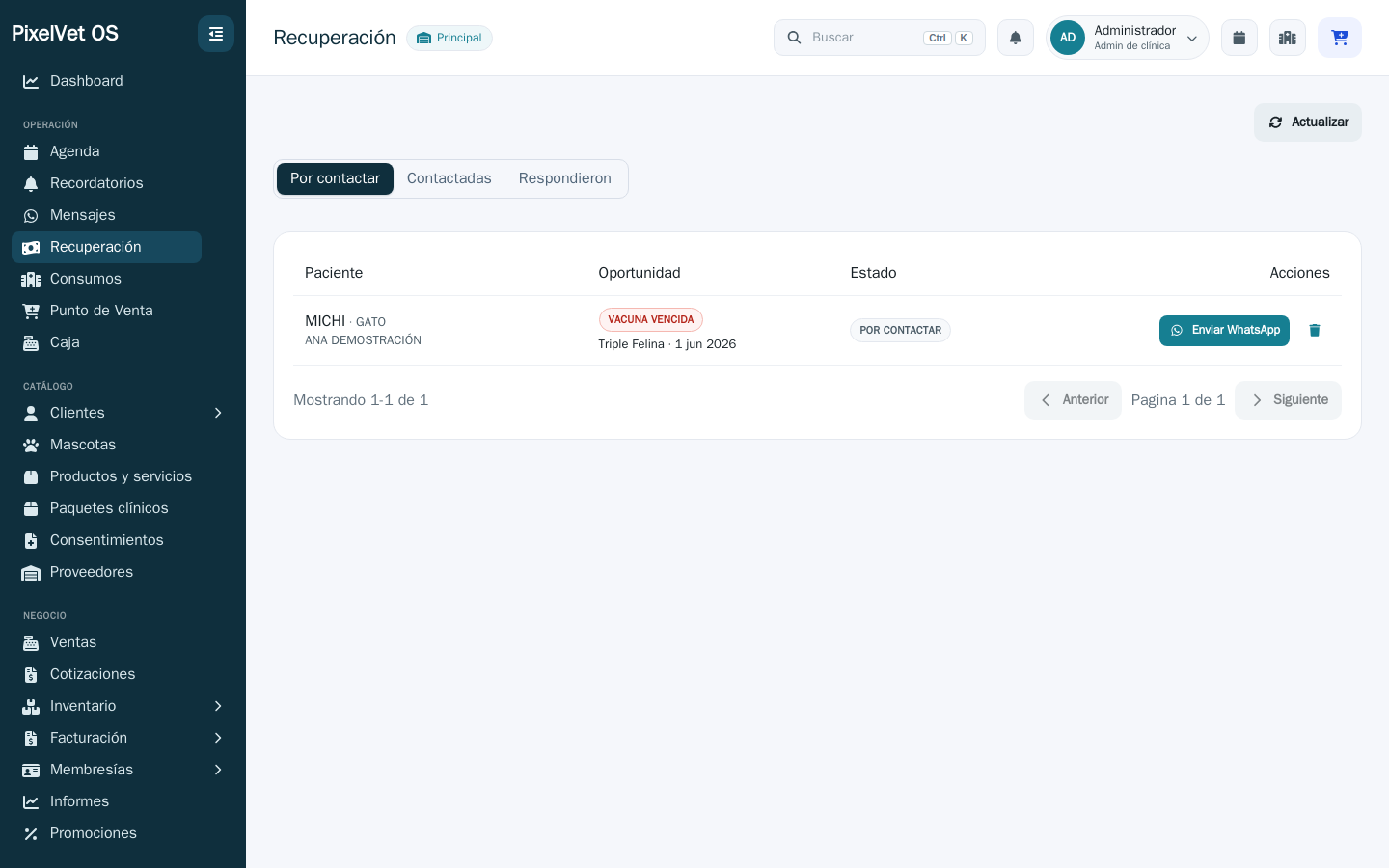 Bandeja de Recuperación de ingresos con una oportunidad de vacuna vencida y el botón Enviar WhatsApp.