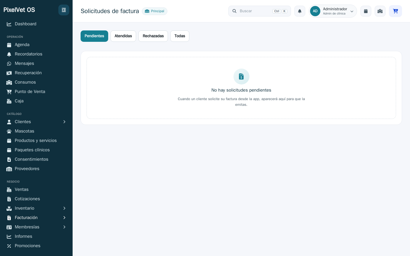 Bandeja de solicitudes de factura enviadas desde la app del cliente.