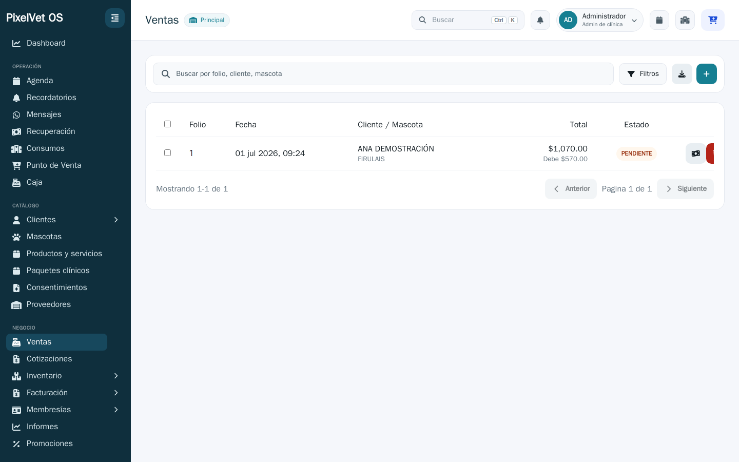 Historial de ventas de PixelVet OS con su folio, fecha, cliente, total y estado de pago.