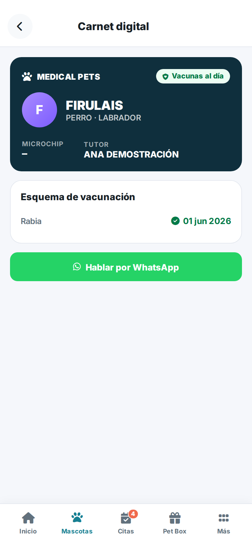 Carnet de vacunación digital de la mascota, con su esquema de vacunas al día.