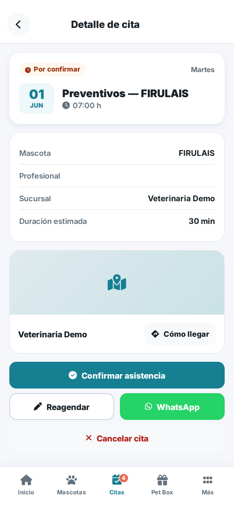 Detalle de una cita en la app, con las opciones de confirmar, reagendar o cancelar.