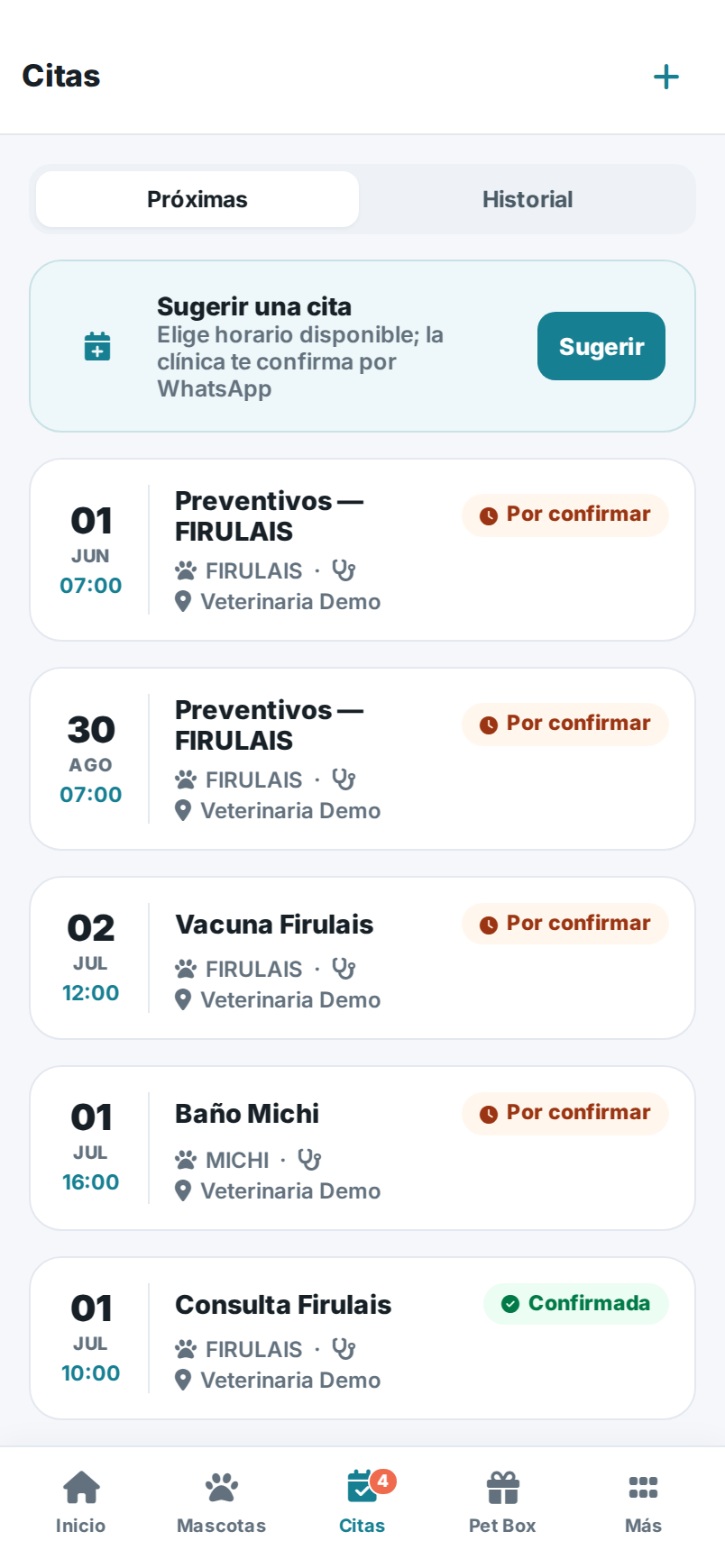 Pantalla de Citas de la app, con las pestañas Próximas e Historial.