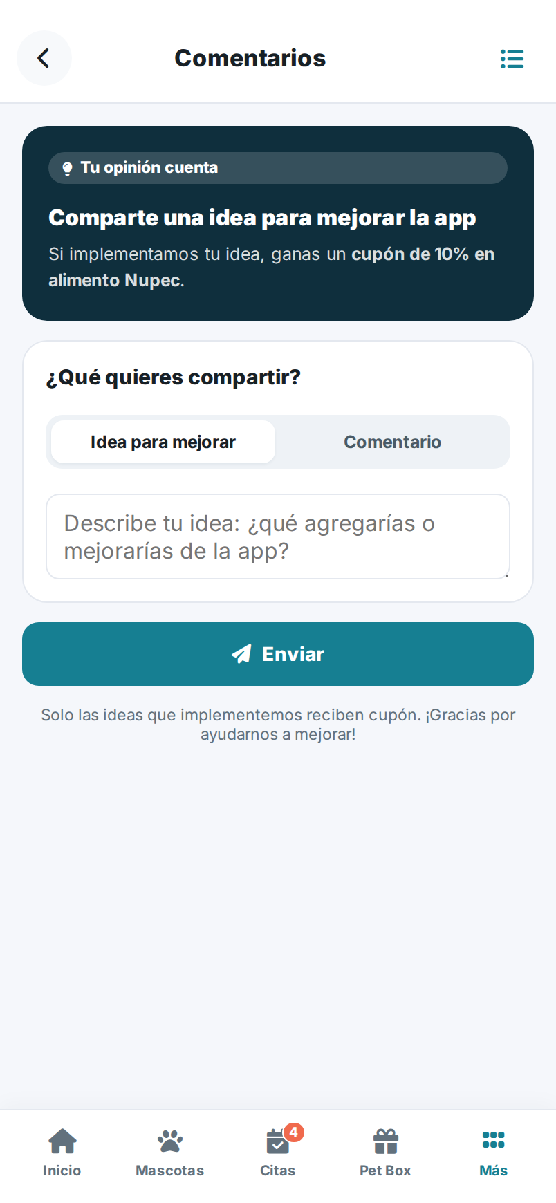 Pantalla de Comentarios de la app del cliente para enviar una idea o comentario.