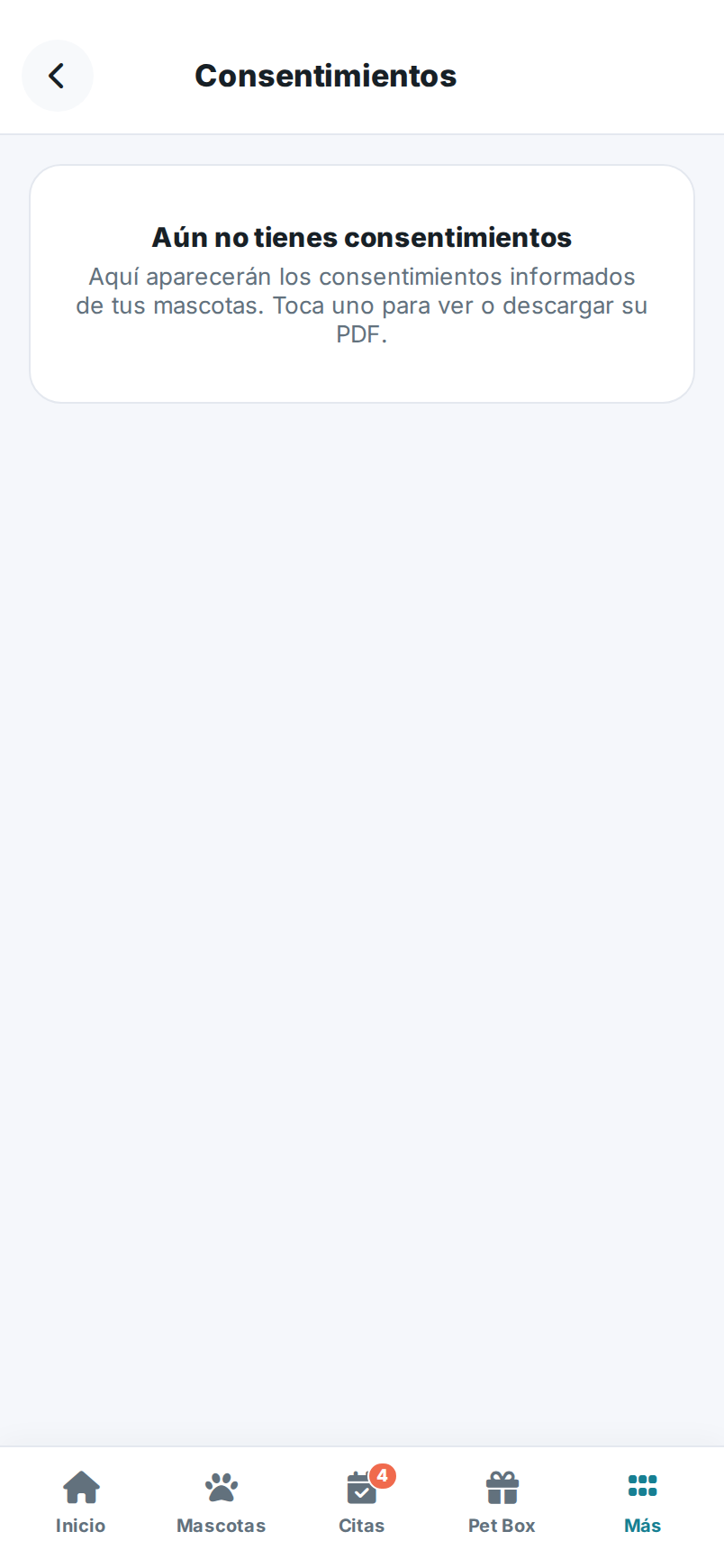 Pantalla de consentimientos firmados en la app.