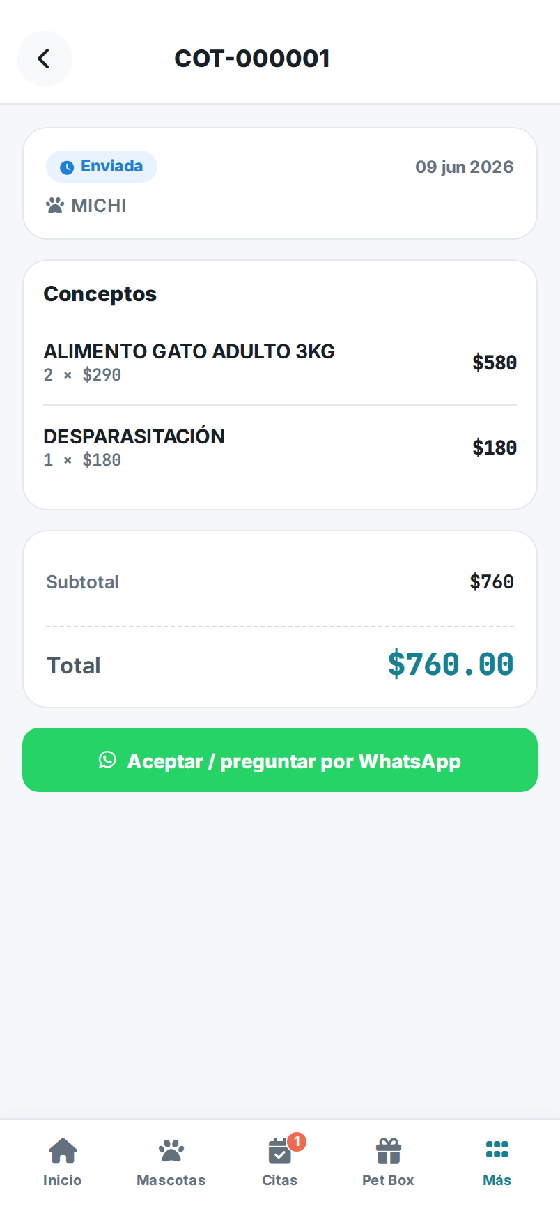 Detalle de una cotización, con sus conceptos y total.