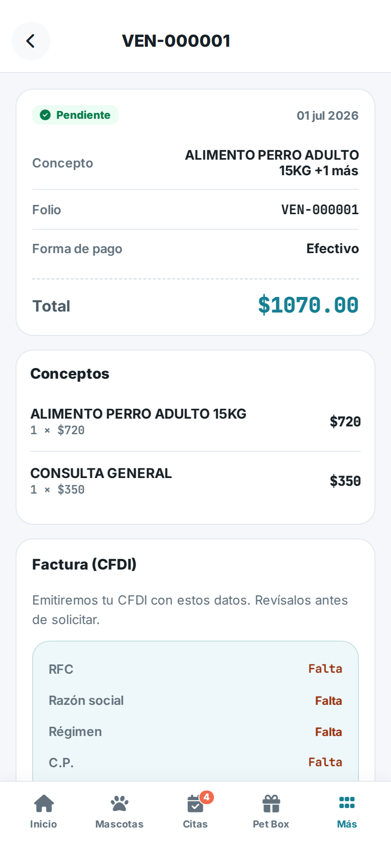 Detalle de un recibo en la app, con el resumen de datos fiscales y el botón para solicitar la factura.