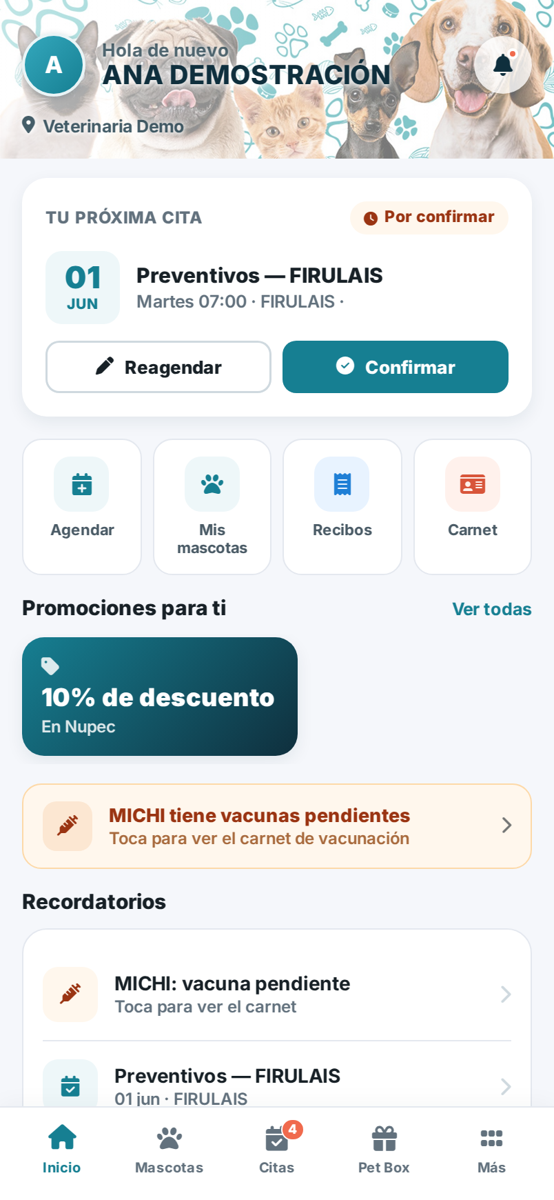 Pantalla de Inicio de la app del cliente: saludo, próxima cita, accesos rápidos, promociones y recordatorios.