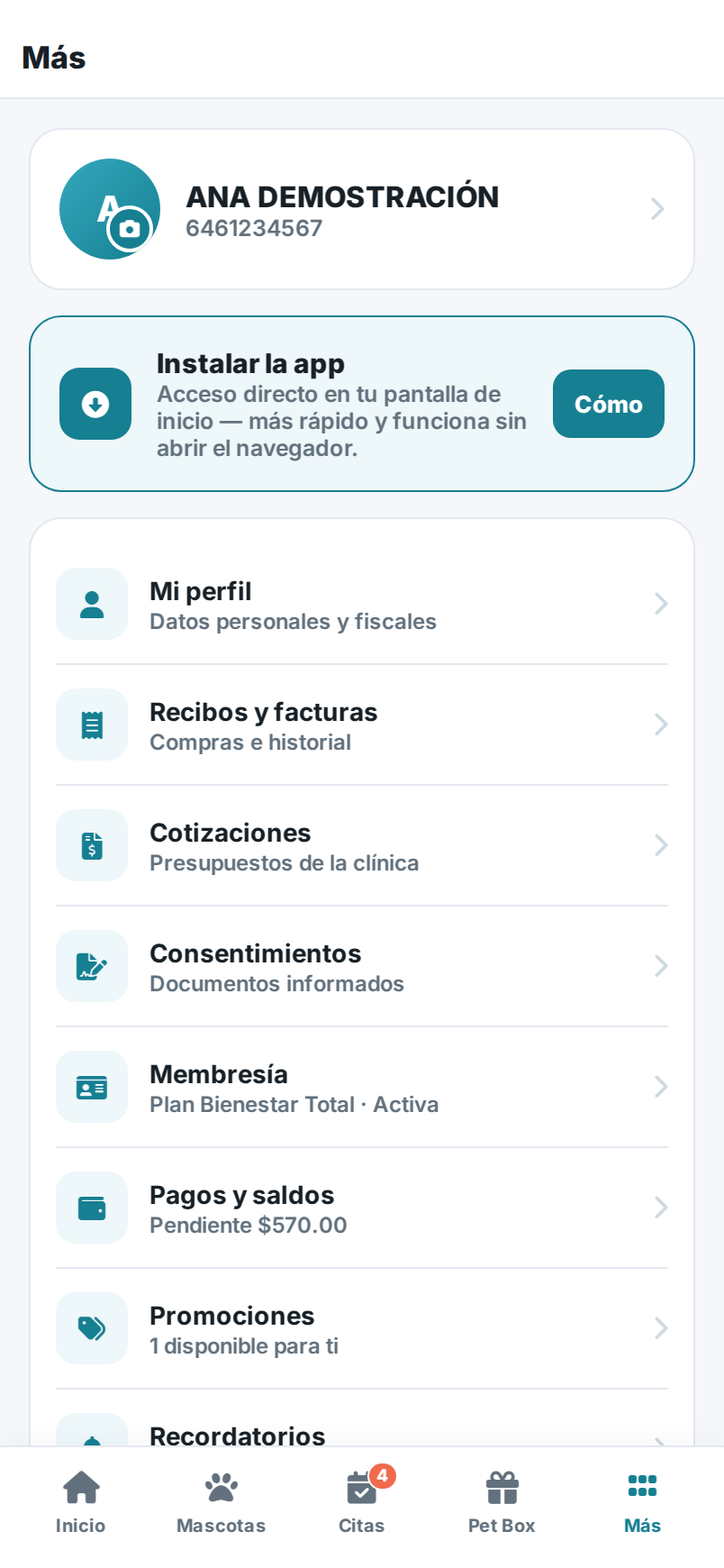 Menú Más de la app, con el acceso a perfil, recibos, cotizaciones, membresía, saldos y más.