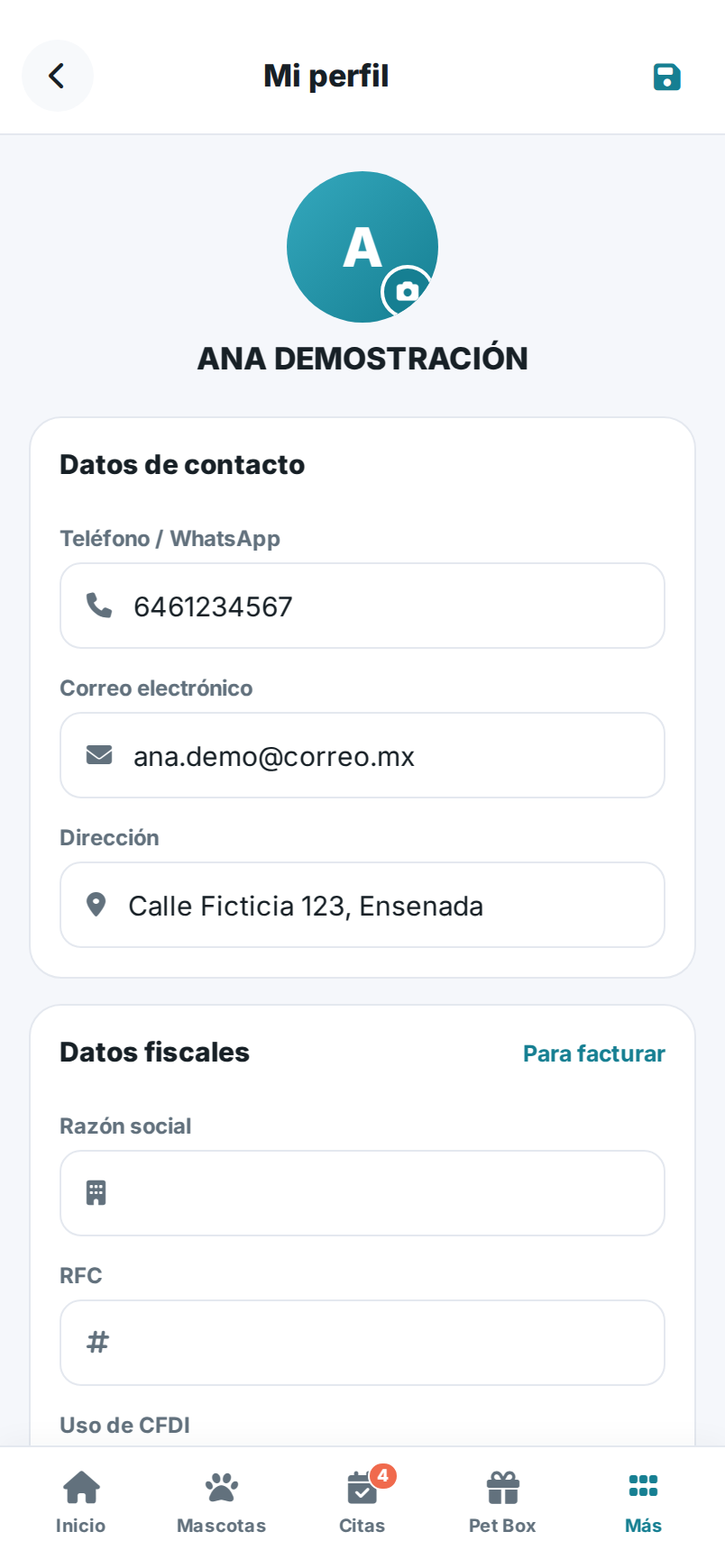Pantalla de Perfil en la app, con los datos de contacto y las preferencias.