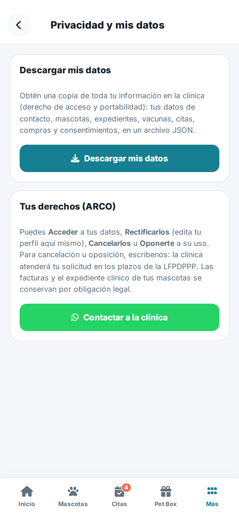 Pantalla de Privacidad y mis datos de la app del cliente.
