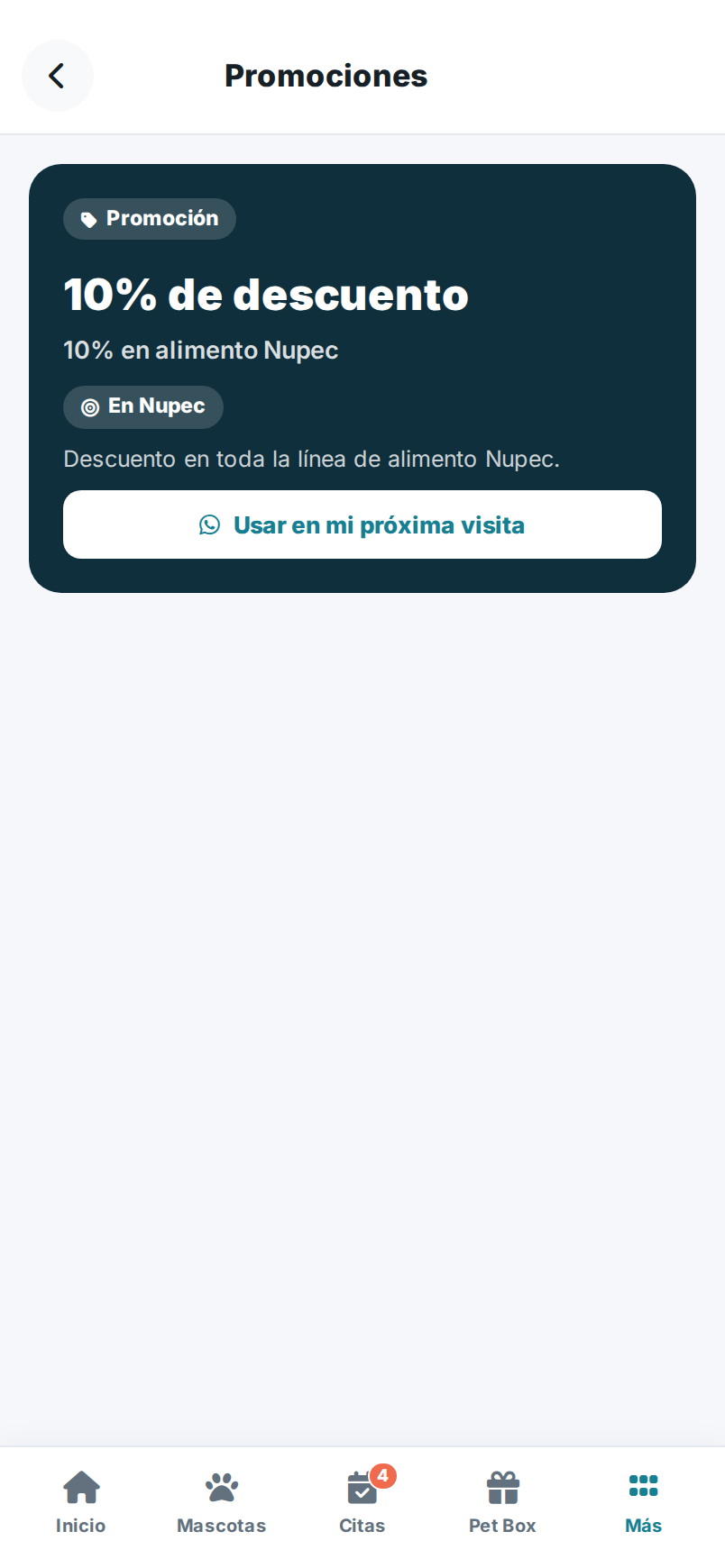 Pantalla de Promociones en la app, con las ofertas disponibles para el cliente.