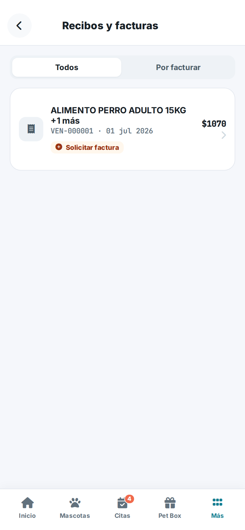 Lista de recibos en la app, con su folio, monto y estado de facturación.