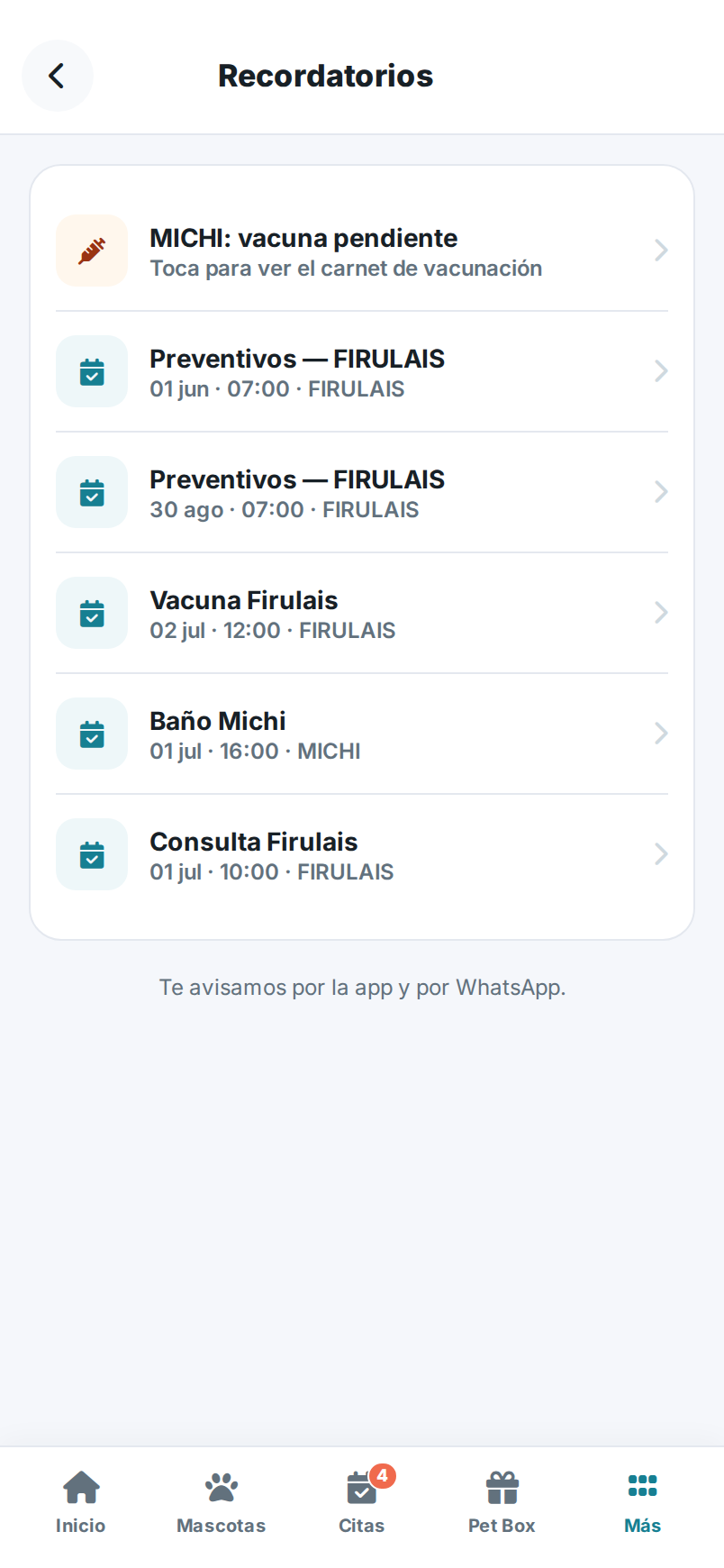 Pantalla de Recordatorios en la app: vacunas pendientes y citas próximas.