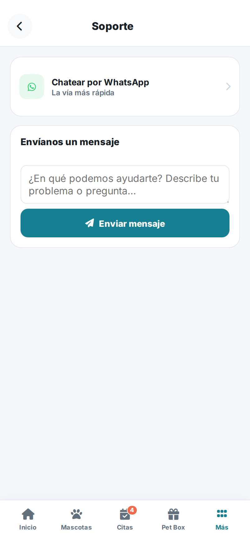 Pantalla de Soporte de la app del cliente.