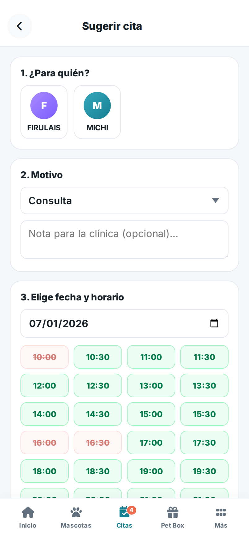 Pantalla para sugerir una cita: elegir mascota, motivo y horario disponible.